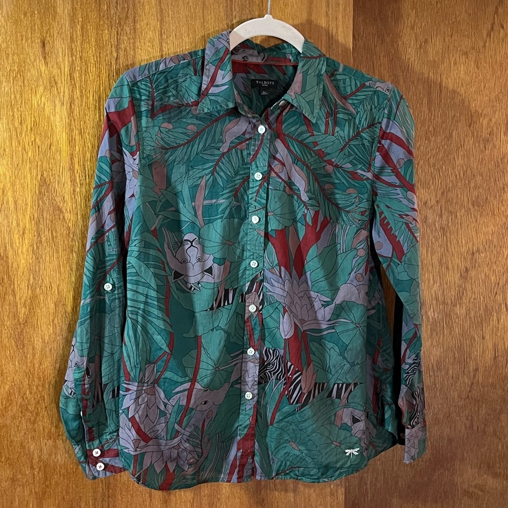 TALBOTS Green & Purple Jungle Print Button-Up Shirt Sz 6P